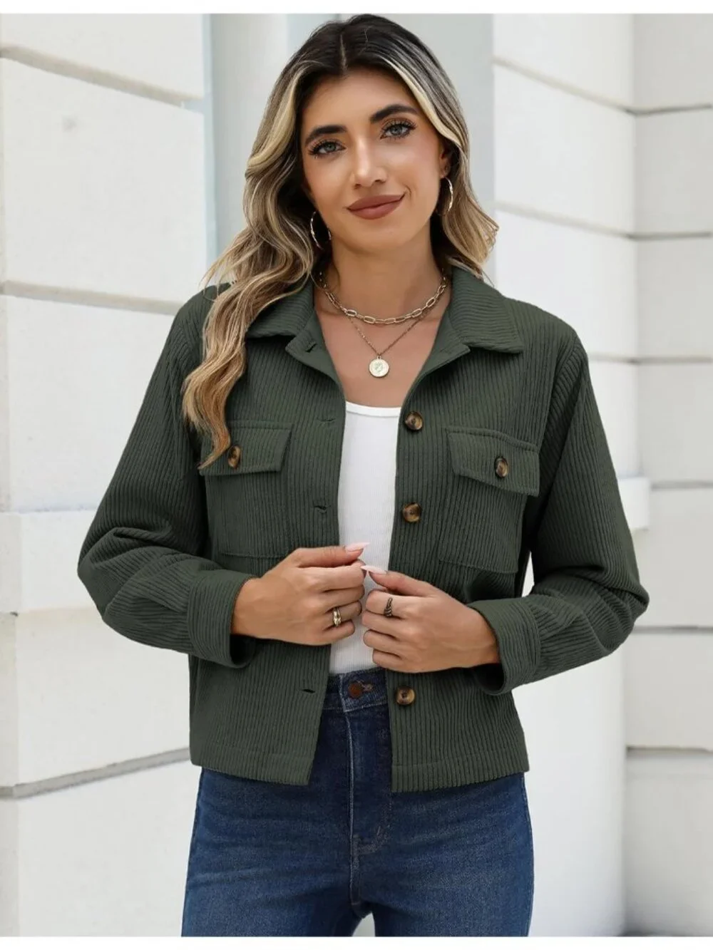 Women's Green Fashion Cropped Corduroy Button Down Long Sleeve Trendy Jacket